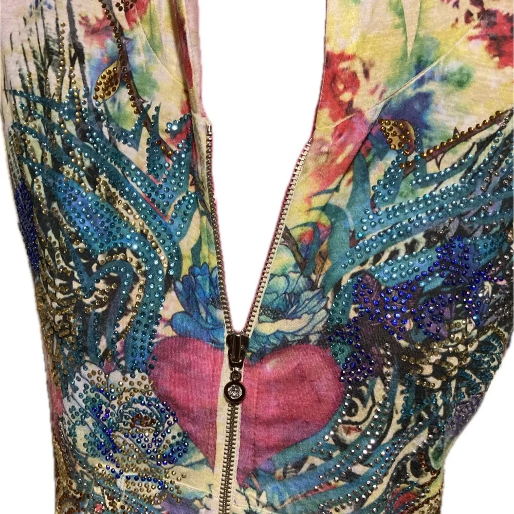Vintage Zip-Up Multi-Color Rhinestone Hoodie Sweatshirt - Picture 2 of 7